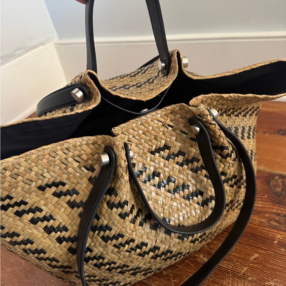 AllSaints Allington Straw Tote Bag Womens Black Handles Tan Woven Purse Damaged - Picture 11 of 16
